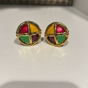 1980s Jewel-tone & Gold Large Round Clip-on Earrings